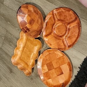 (J19) Vintage Lot of 4 Wooden Woven Pieces Pressed Wood Weave Mid Century